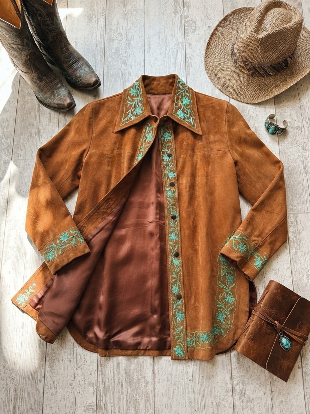 Vintage Suede Embroidered Western Jacket - Brown with Turquoise Accents